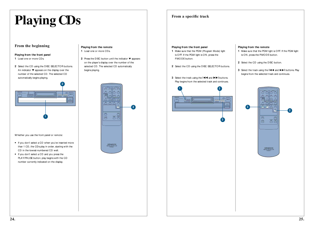 Kenwood 350 Playing CDs, From a speciﬁc track From the beginning, Playing from the front panel, Playing from the remote 