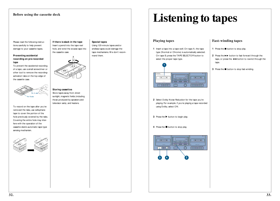 Kenwood 350 manual Listening to tapes, Before using the cassette deck, Playing tapes, Fast-winding tapes 