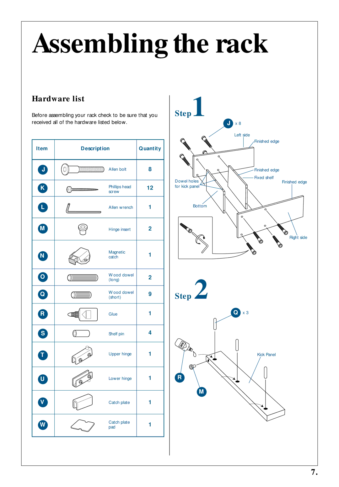 Kenwood 350 manual Assembling the rack, Hardware list 