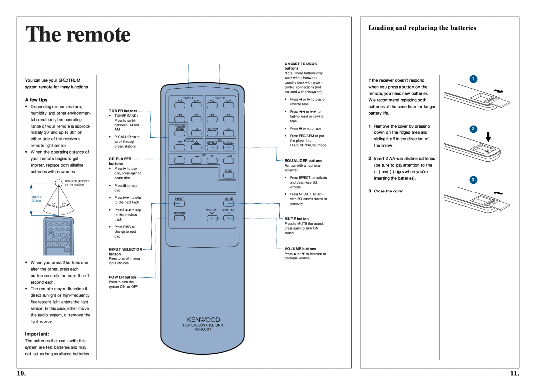 Kenwood 350 manual The remote, Loading and replacing the batteries, A few tips 