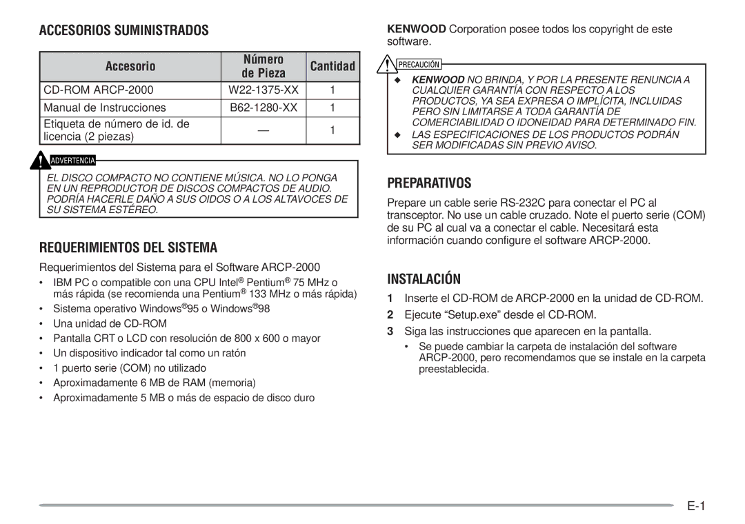 Kenwood ARCP-2000 Accesorios Suministrados, Requerimientos DEL Sistema, Preparativos, Instalación, Accesorio Número 