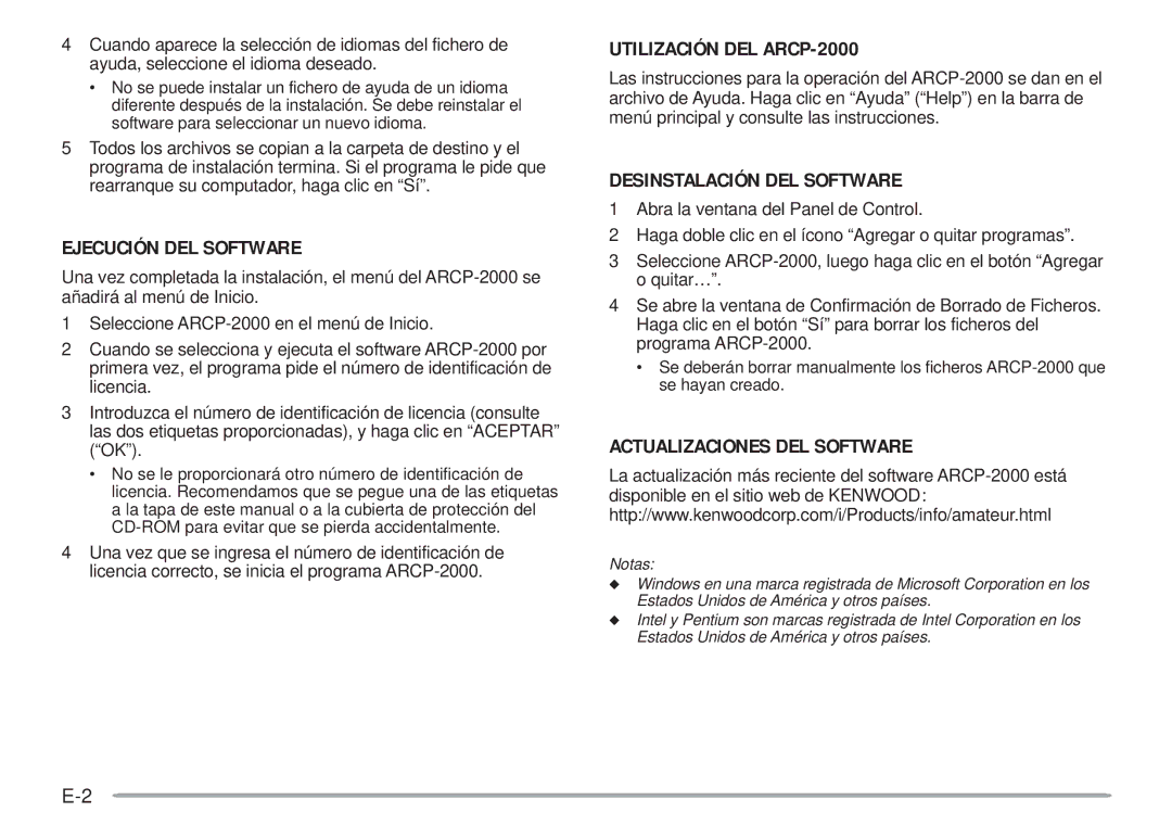 Kenwood Ejecución DEL Software, Utilización DEL ARCP-2000, Desinstalación DEL Software, Actualizaciones DEL Software 