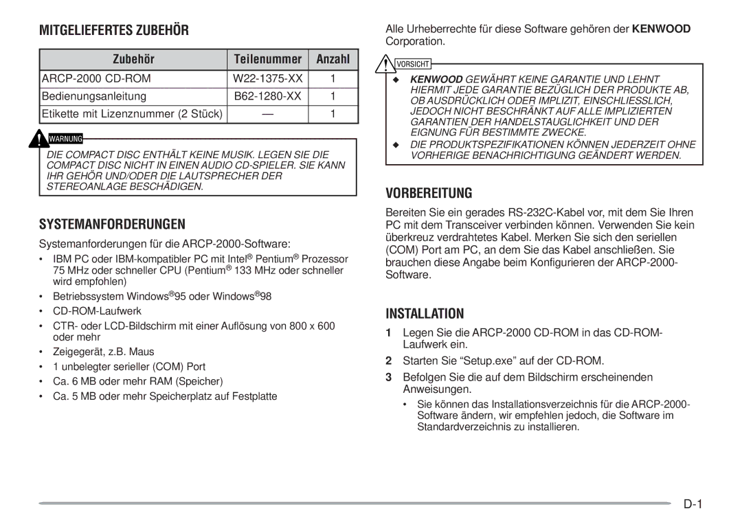 Kenwood ARCP-2000 instruction manual Mitgeliefertes Zubehör, Systemanforderungen, Vorbereitung, Anzahl 