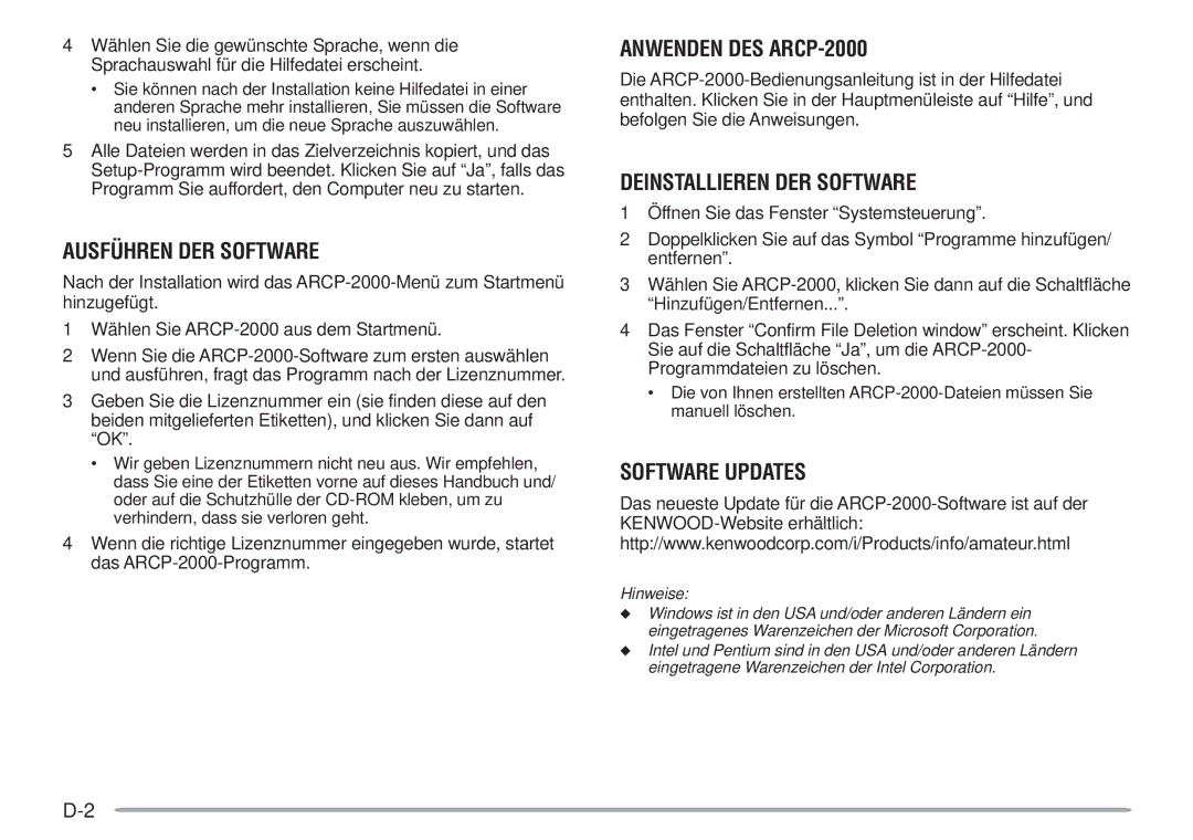 Kenwood Ausführen DER Software, Anwenden DES ARCP-2000, Deinstallieren DER Software, Software Updates, Hinweise 