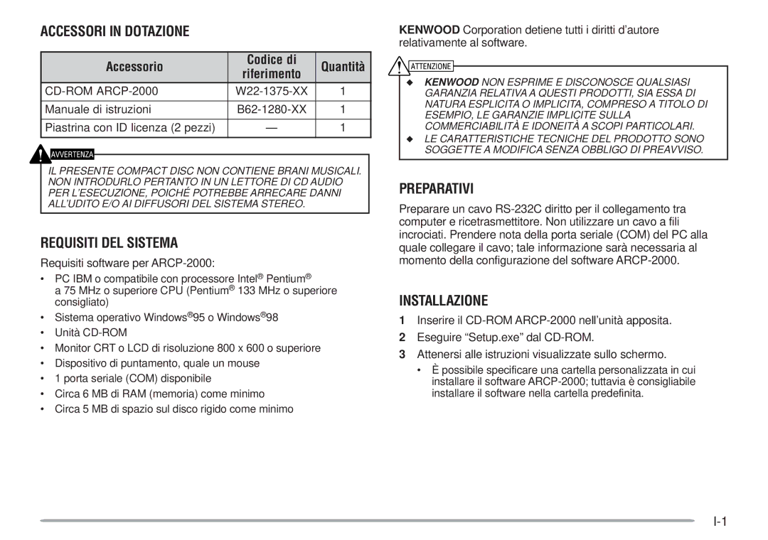 Kenwood ARCP-2000 Accessori in Dotazione, Requisiti DEL Sistema, Preparativi, Installazione, Accessorio Codice di 