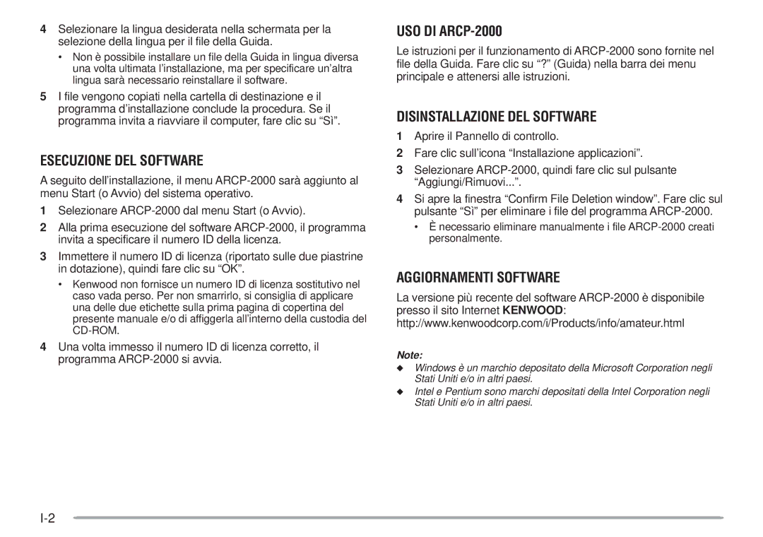 Kenwood Esecuzione DEL Software, USO DI ARCP-2000, Disinstallazione DEL Software, Aggiornamenti Software 