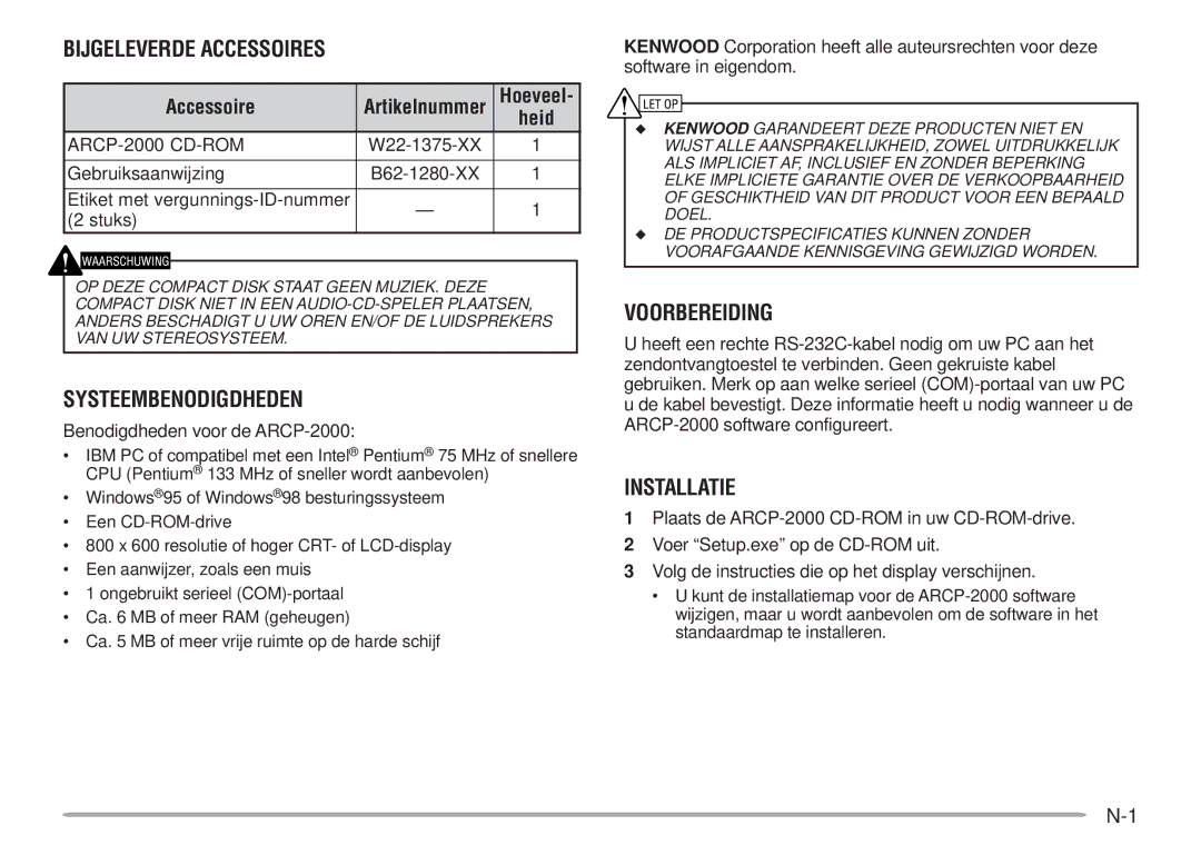 Kenwood ARCP-2000 instruction manual Bijgeleverde Accessoires, Systeembenodigdheden, Voorbereiding, Installatie 