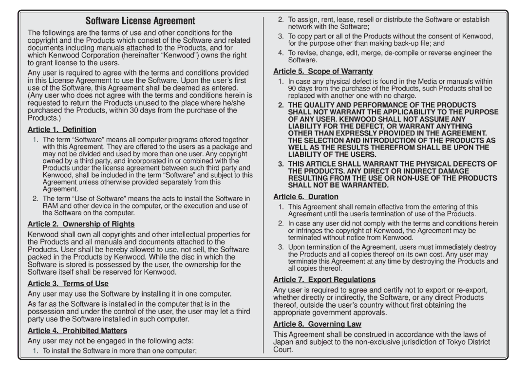 Kenwood ARCP-2000 instruction manual Software License Agreement 