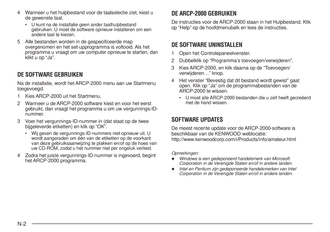 Kenwood instruction manual DE Software Gebruiken, DE ARCP-2000 Gebruiken, DE Software Uninstallen, Opmerkingen 