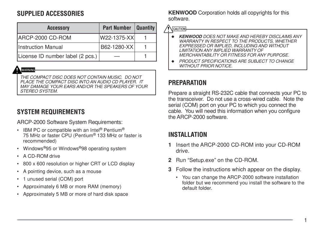 Kenwood ARCP-2000 instruction manual Accessory, Part Number Quantity 