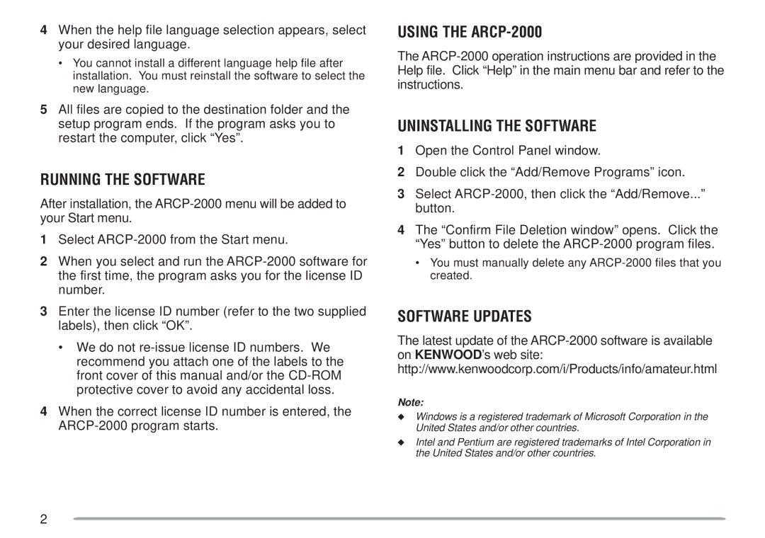 Kenwood ARCP-2000 instruction manual Running the Software 