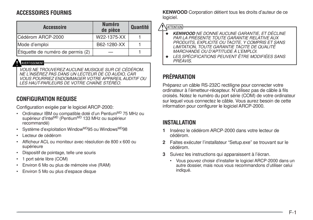 Kenwood ARCP-2000 Accessoires Fournis, Configuration Requise, Préparation, Installation, Accessoire Numéro 