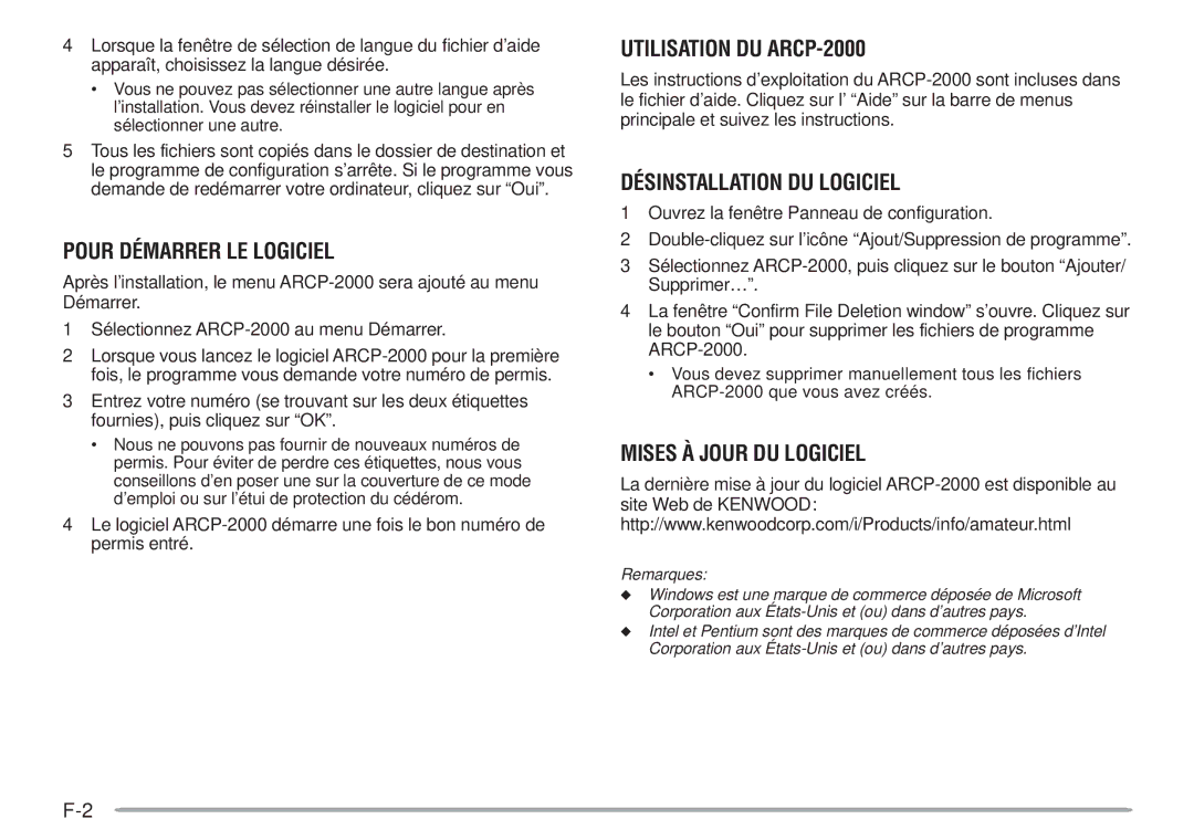 Kenwood Pour Démarrer LE Logiciel, Utilisation DU ARCP-2000, Désinstallation DU Logiciel, Mises À Jour DU Logiciel 