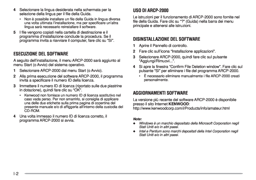 Kenwood Esecuzione Del Software, USO DI ARCP-2000, Disinstallazione Del Software, Aggiornamenti Software 