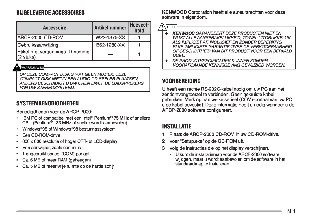 Kenwood ARCP-2000 Bijgeleverde Accessoires, Systeembenodigdheden, Voorbereiding, Installatie, Artikelnummer, Hoeveel 