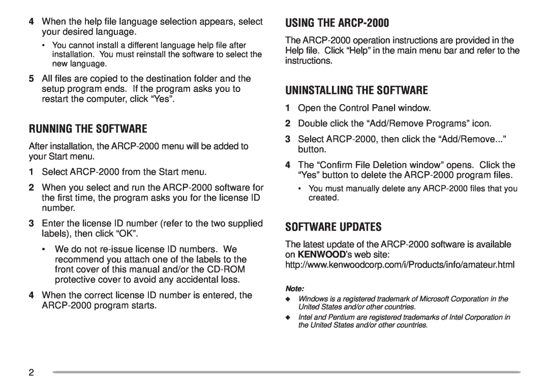 Kenwood instruction manual Running The Software, USING THE ARCP-2000, Uninstalling The Software, Software Updates 
