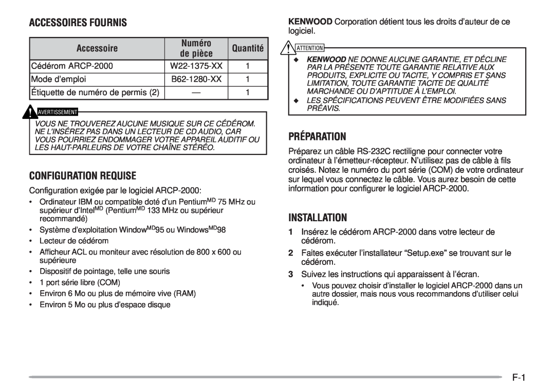 Kenwood ARCP-2000 Accessoires Fournis, Configuration Requise, Préparation, Installation, Numéro, Quantité 