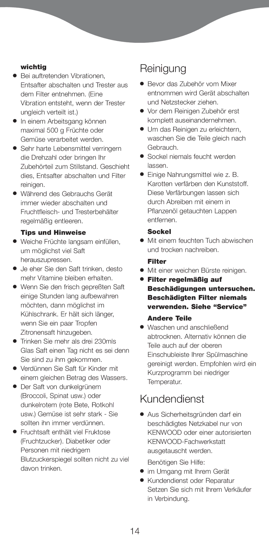 Kenwood AT265 manual Reinigung, Kundendienst, Wichtig, Tips und Hinweise, Sockel 