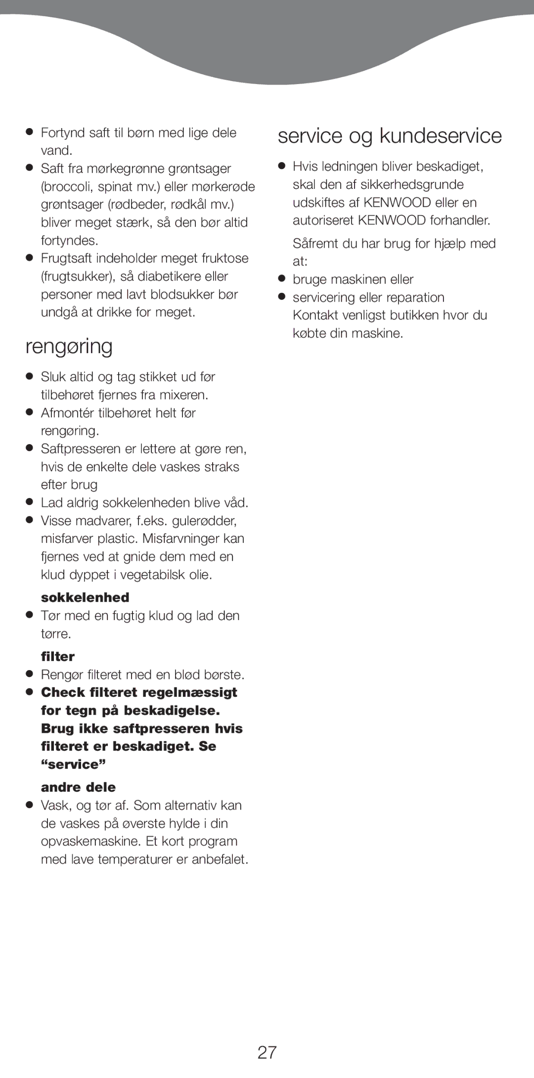 Kenwood AT265 manual Rengøring, Service og kundeservice, Sokkelenhed, Tør med en fugtig klud og lad den tørre 