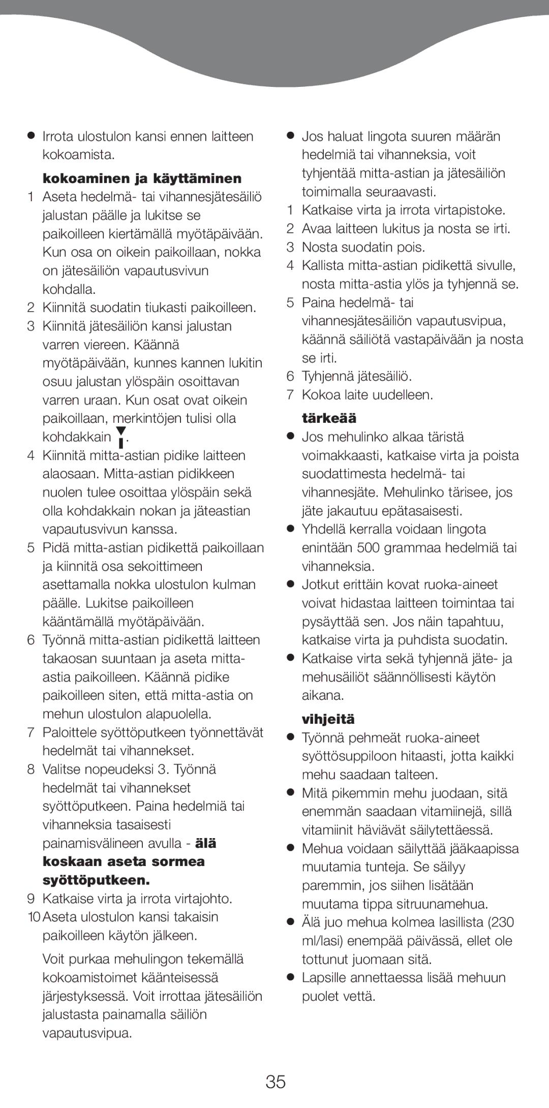 Kenwood AT265 manual Kokoaminen ja käyttäminen, Tärkeää, Vihjeitä 