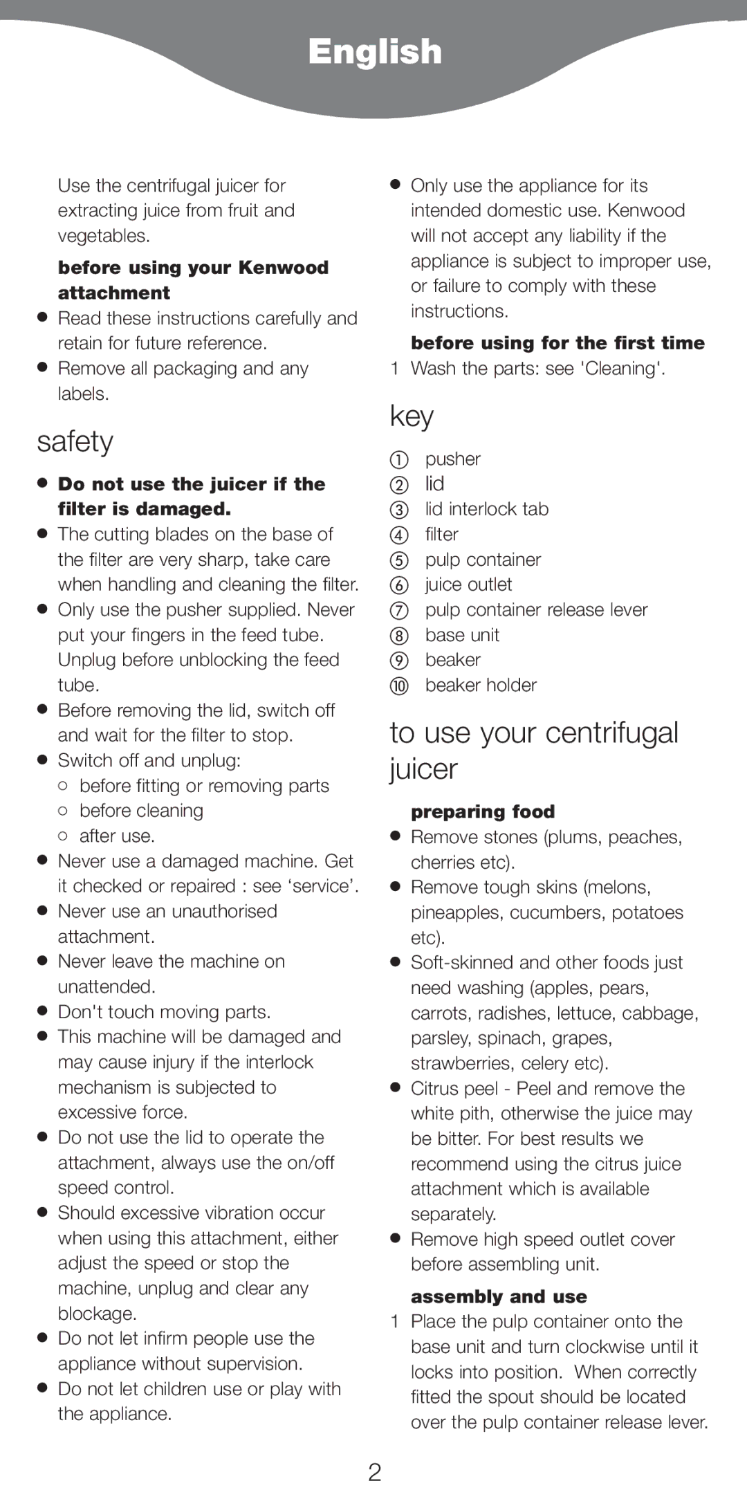 Kenwood AT265 manual English, Safety, Key, To use your centrifugal juicer 