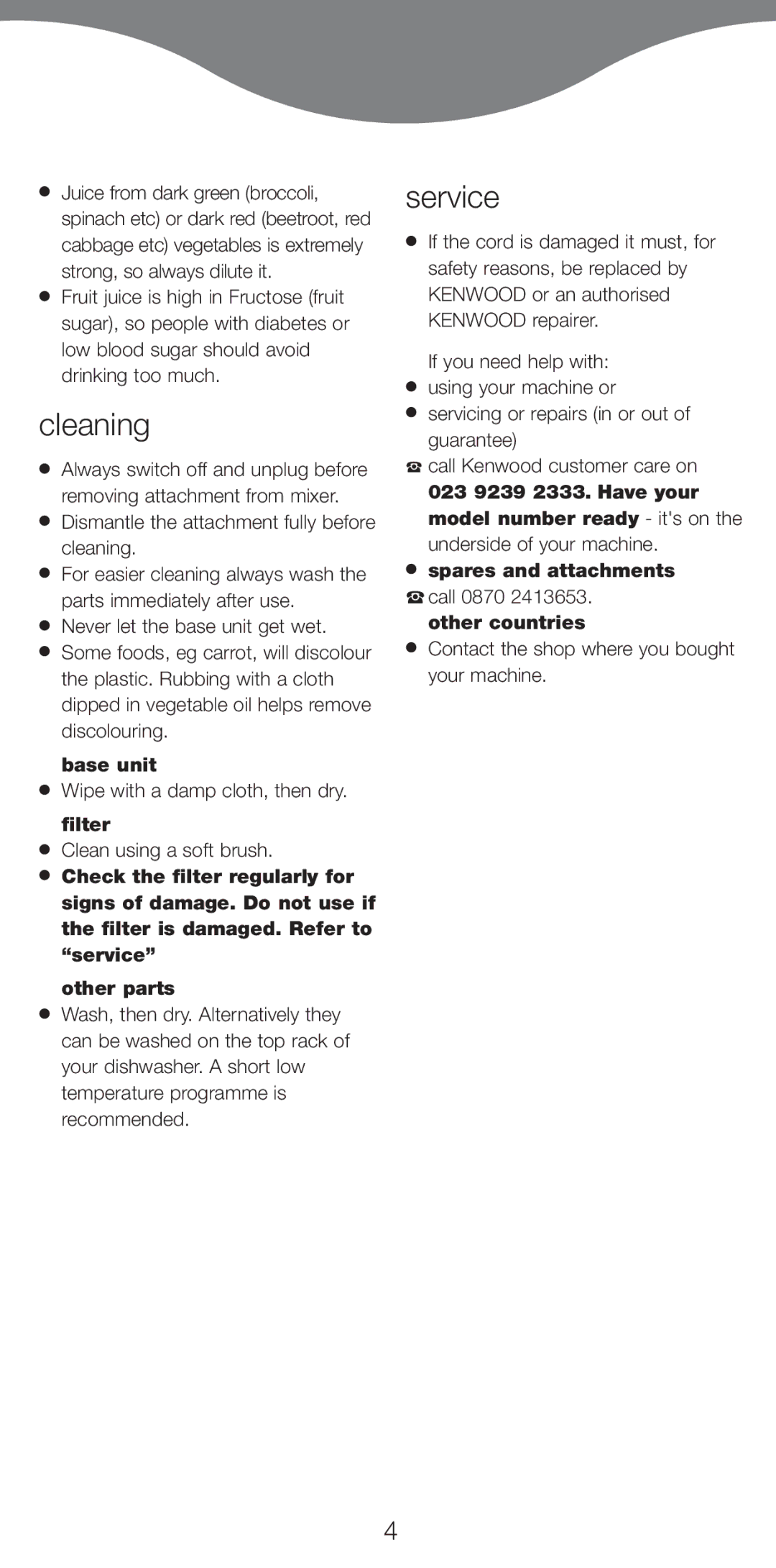 Kenwood AT265 manual Cleaning, Service, Base unit Wipe with a damp cloth, then dry. filter, Clean using a soft brush 