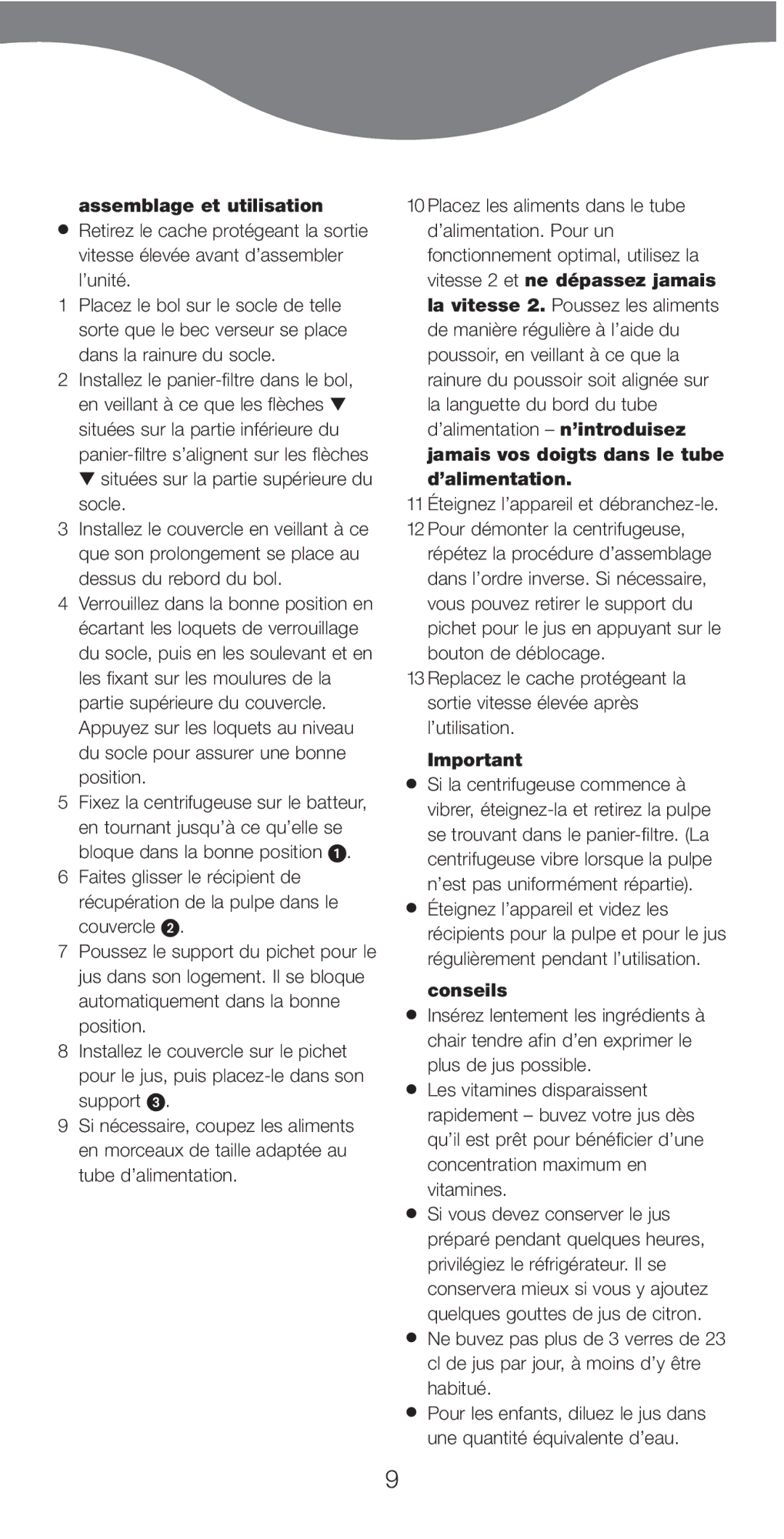 Kenwood AT641 manual Assemblage et utilisation, ’unité, Vitesse 2 et ne dépassez jamais, Conseils 