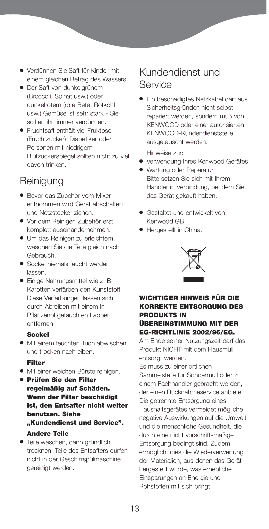 Kenwood AT641 manual Reinigung, Kundendienst und Service, Sockel, Filter, Mit einer weichen Bürste reinigen 