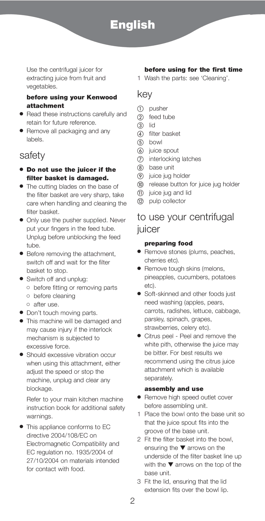 Kenwood AT641 manual English, Safety, Key, To use your centrifugal juicer 