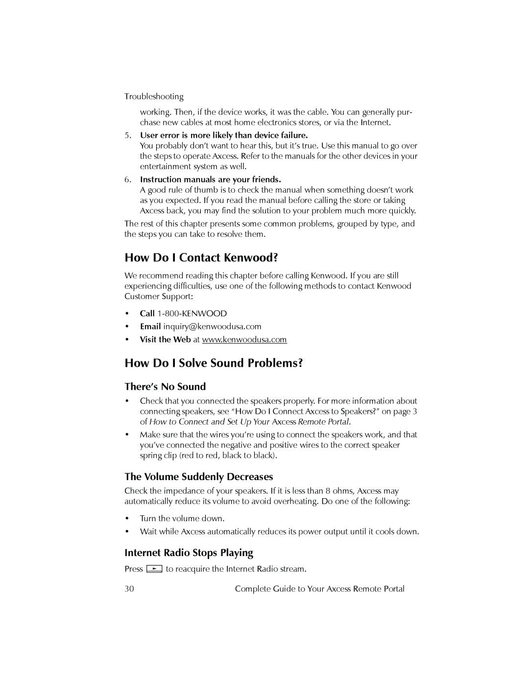 Kenwood Axcess Remote Portal manual How Do I Contact Kenwood?, How Do I Solve Sound Problems?, There’s No Sound 