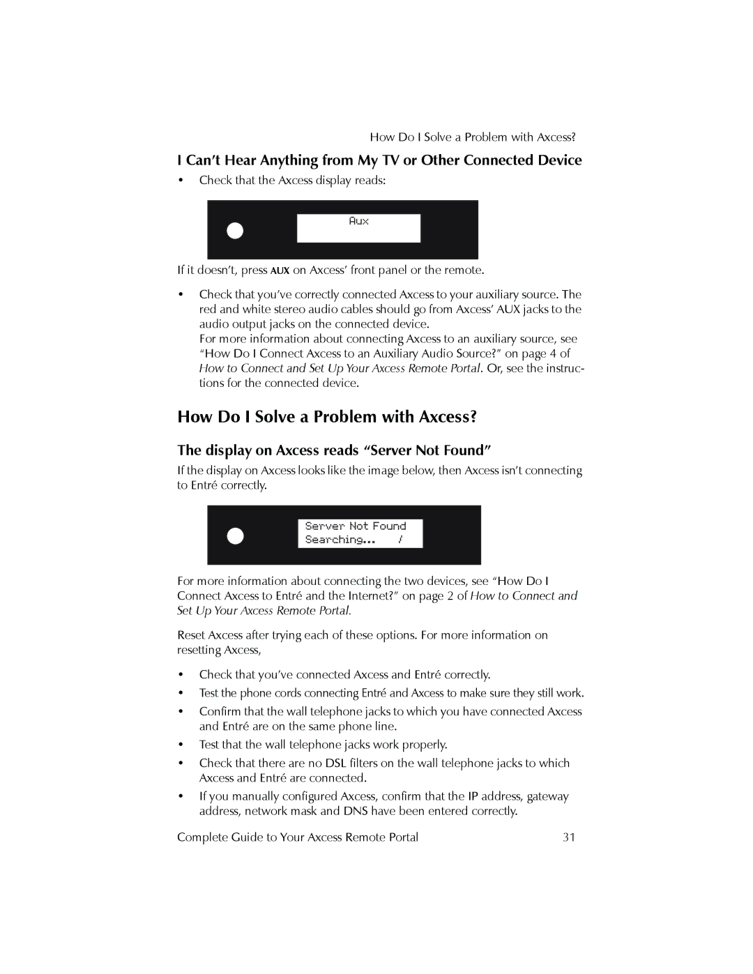 Kenwood Axcess Remote Portal manual How Do I Solve a Problem with Axcess?, Display on Axcess reads Server Not Found 