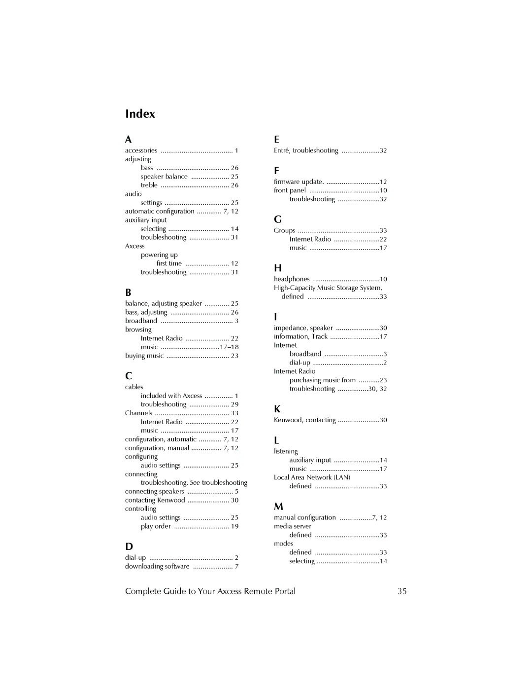 Kenwood Axcess Remote Portal manual Index, Cables 