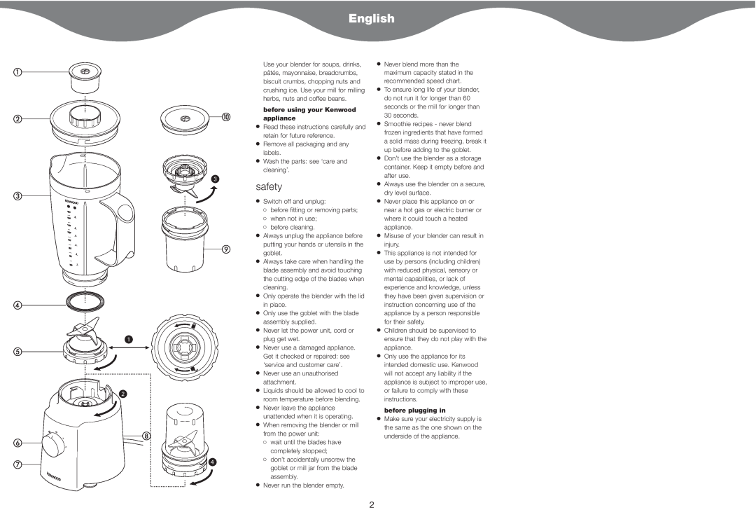 Kenwood BL450 series manual safety, before using your Kenwood appliance, before plugging in, English 