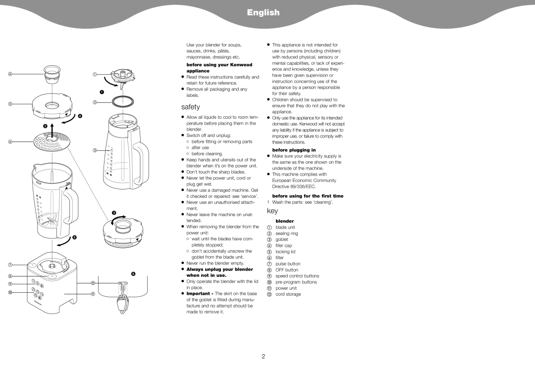 Kenwood BL650 manual English, Safety, Key 