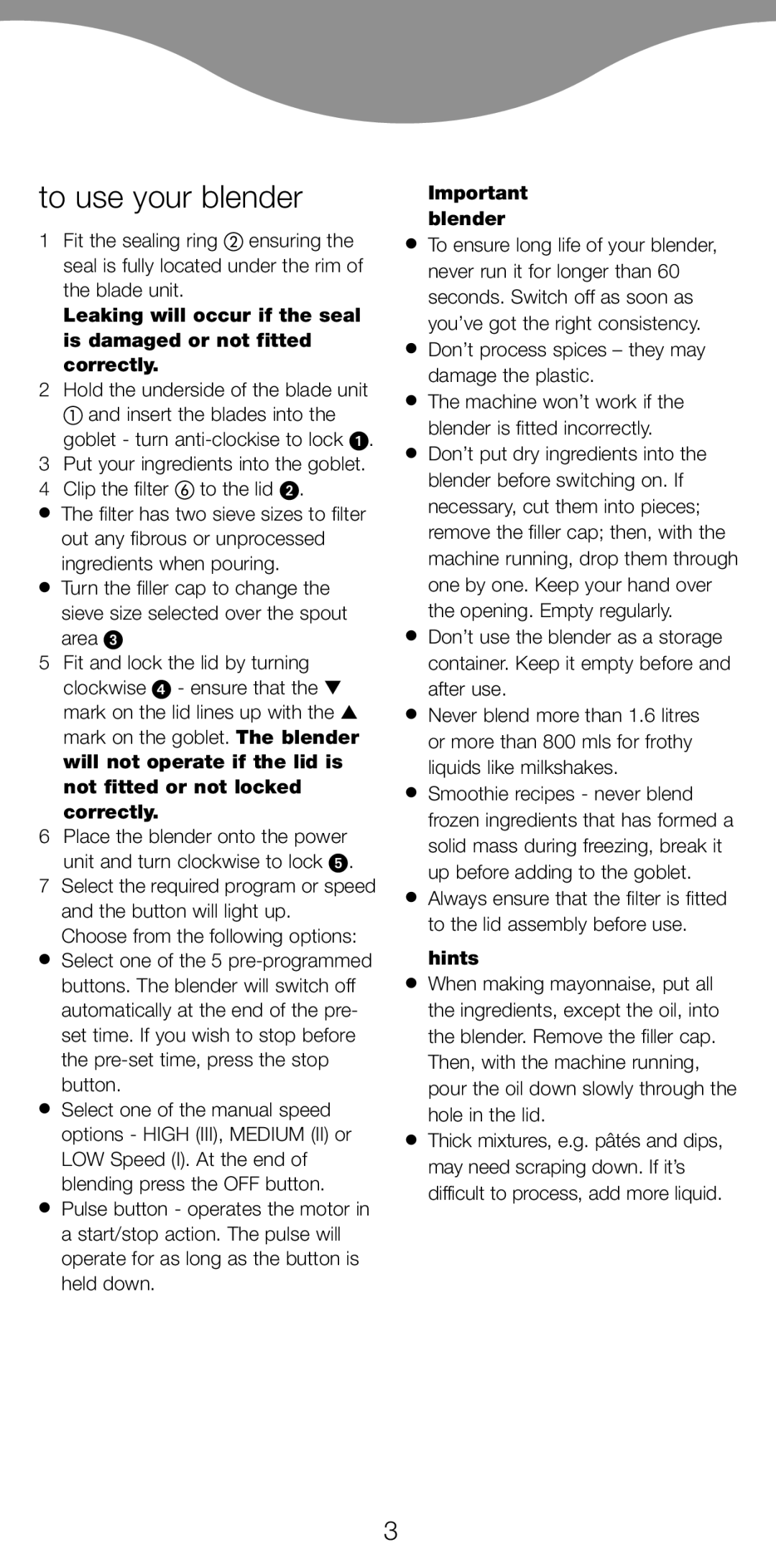 Kenwood BL650 manual To use your blender, Important blender, Hints 