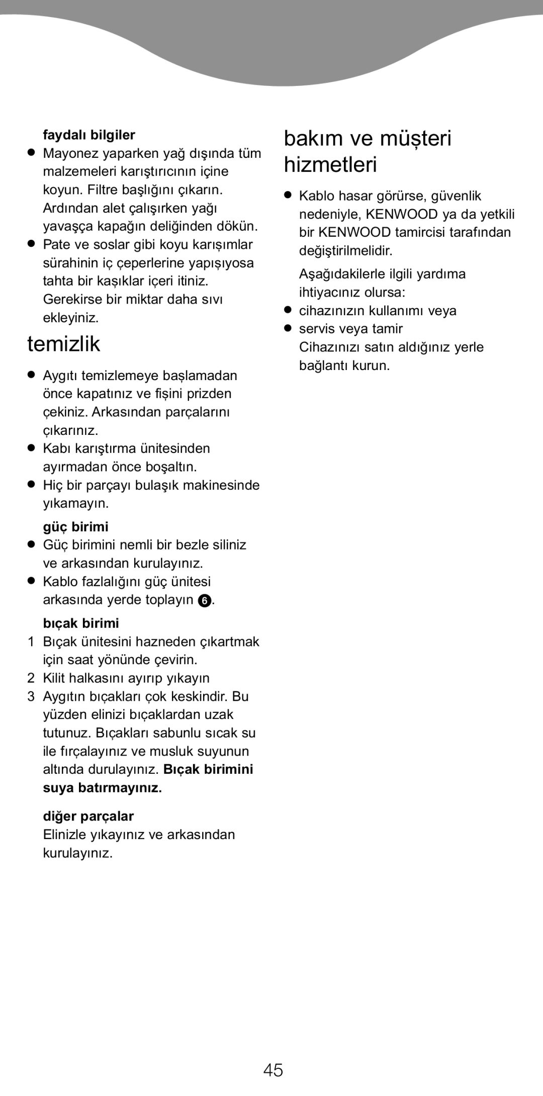 Kenwood BL650 manual Temizlik, Bakım ve mü…teri hizmetleri 