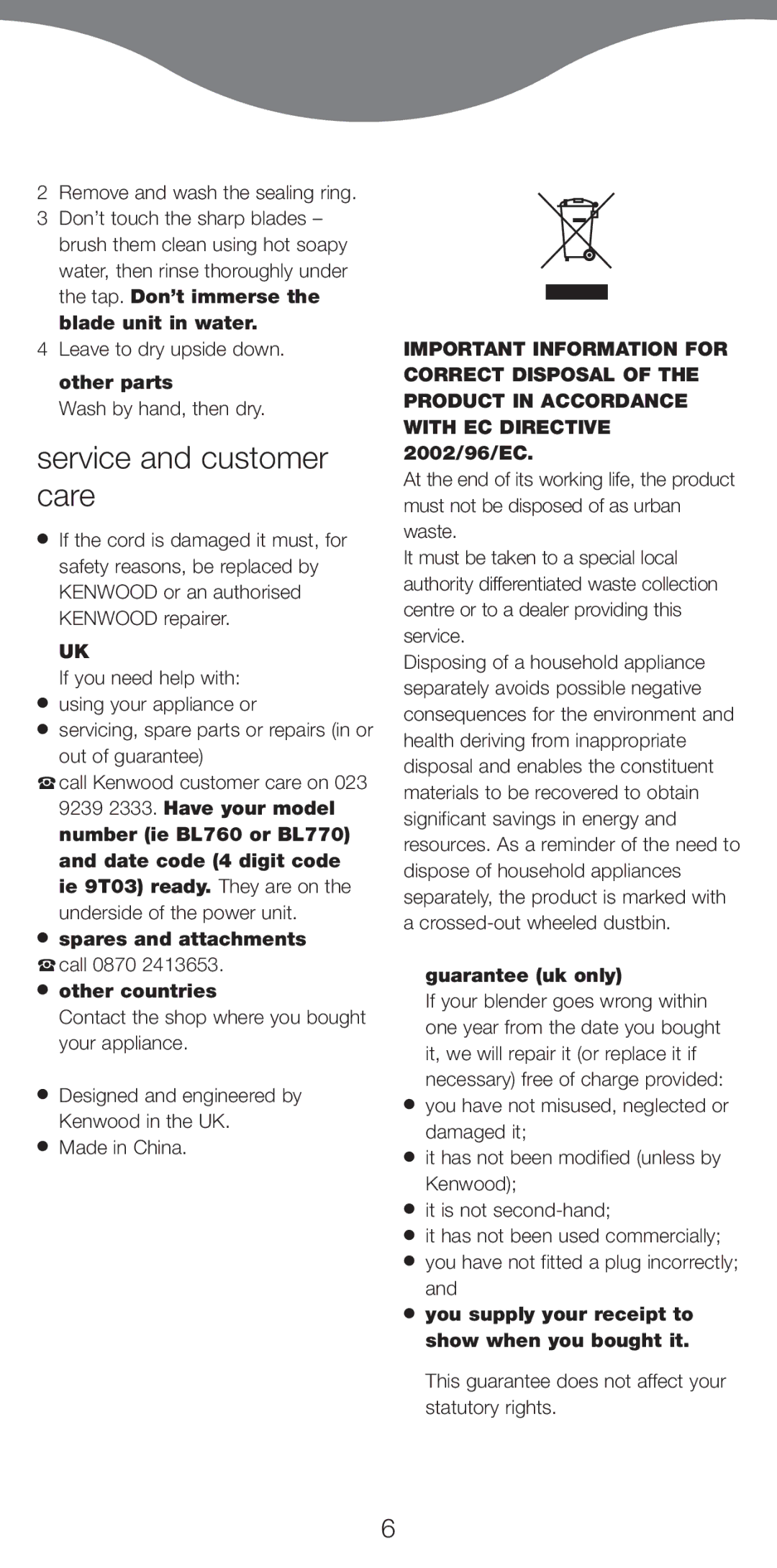 Kenwood BL770, BL760 manual Service and customer care, Other parts, Other countries, Guarantee uk only 