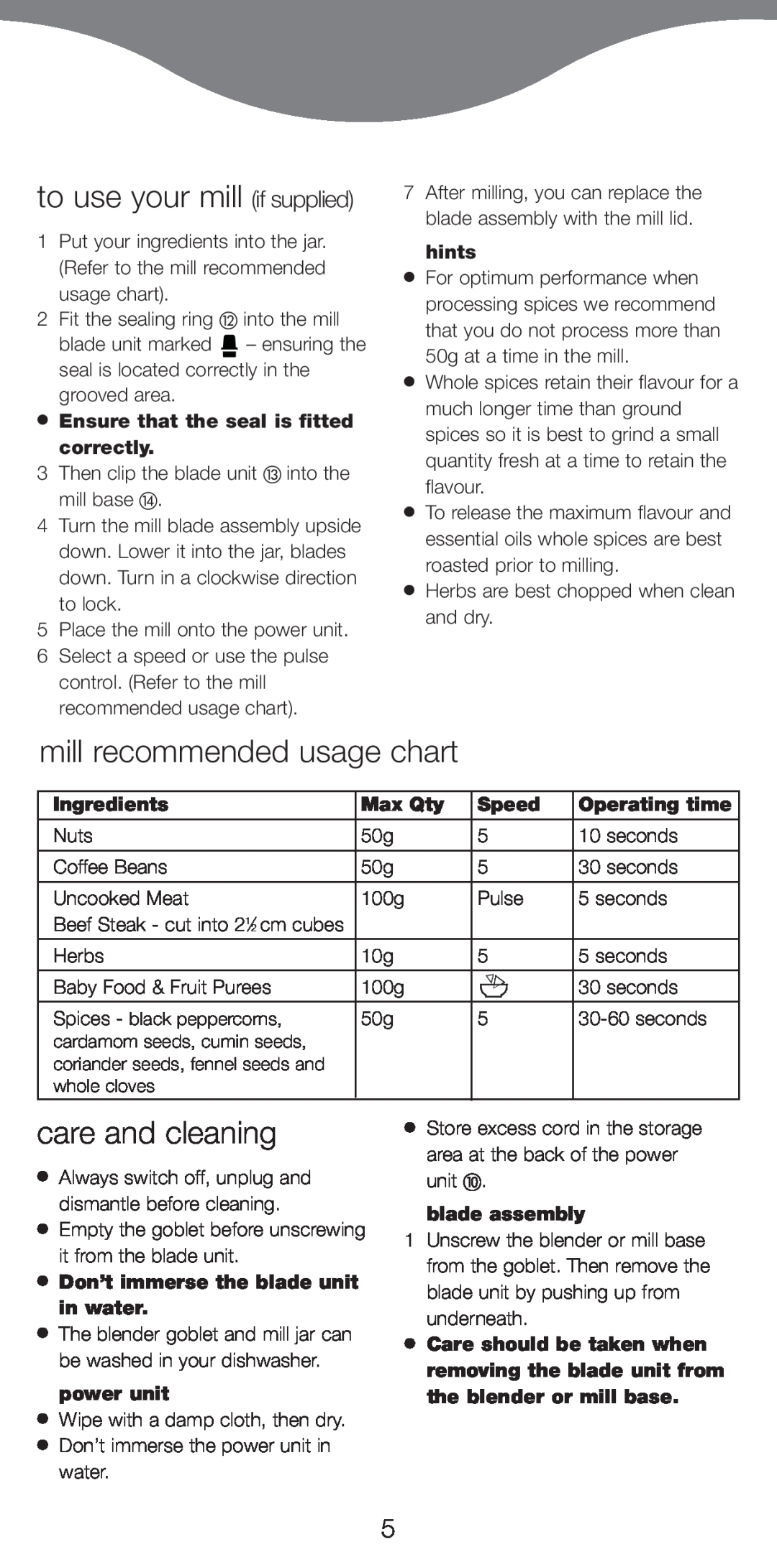 Kenwood BL760 to use your mill if supplied, mill recommended usage chart, care and cleaning, Ingredients, Max Qty, Speed 
