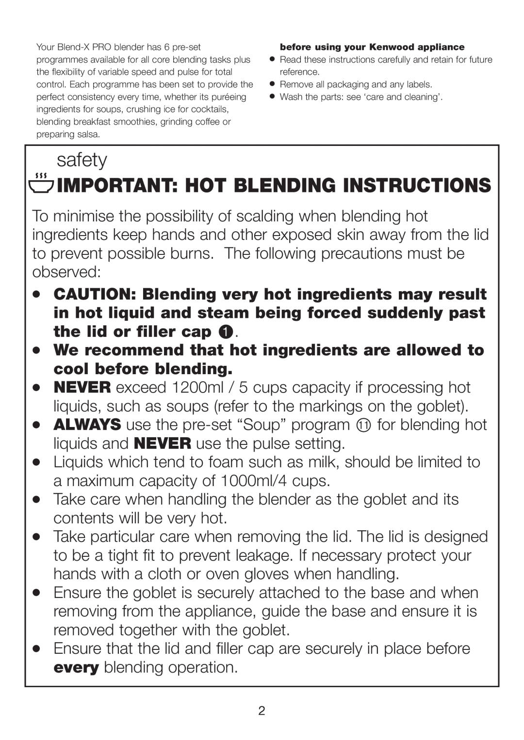 Kenwood BLM80 manual safety, Important Hot Blending Instructions 