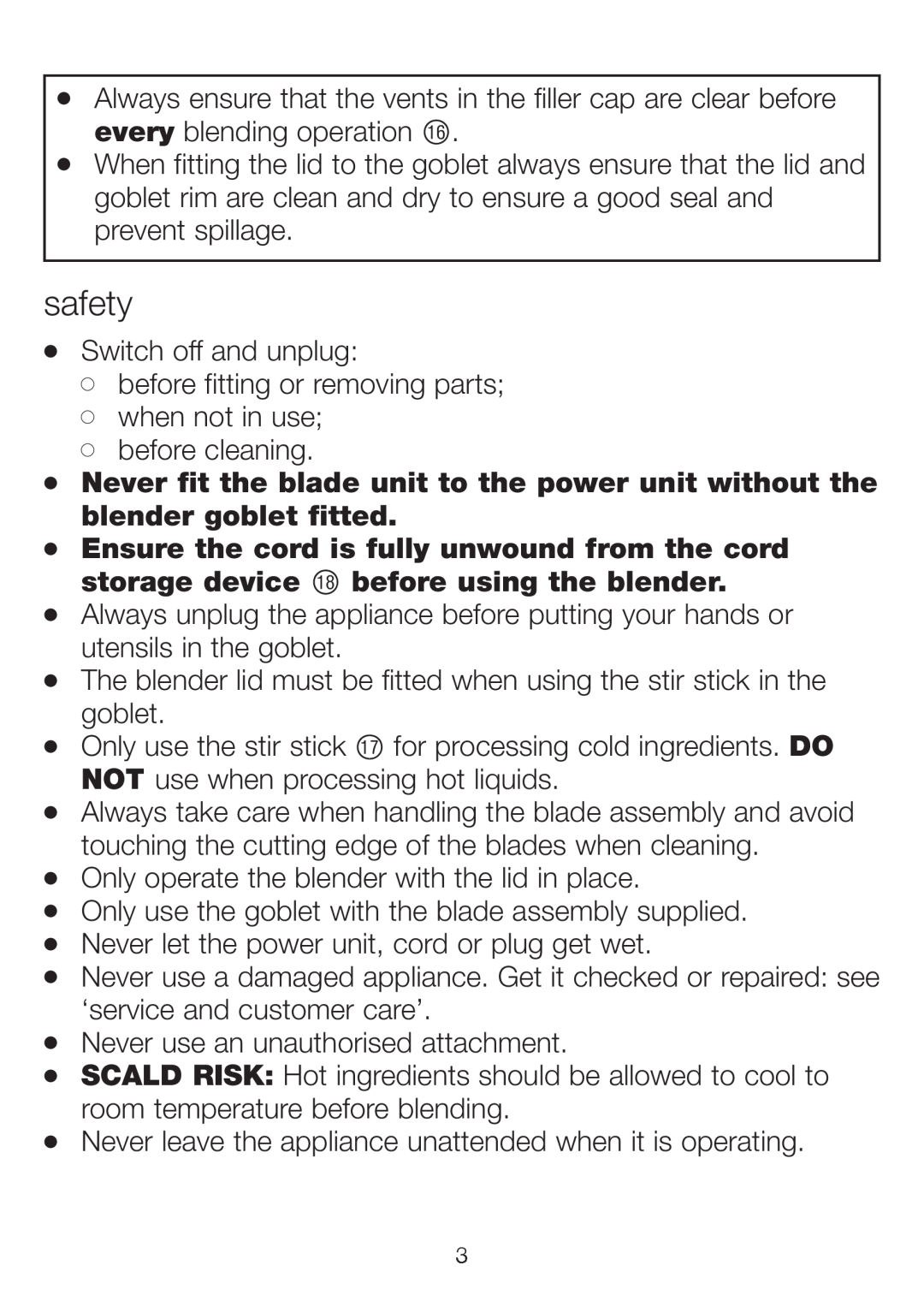 Kenwood BLM80 manual safety, Switch off and unplug before fitting or removing parts 