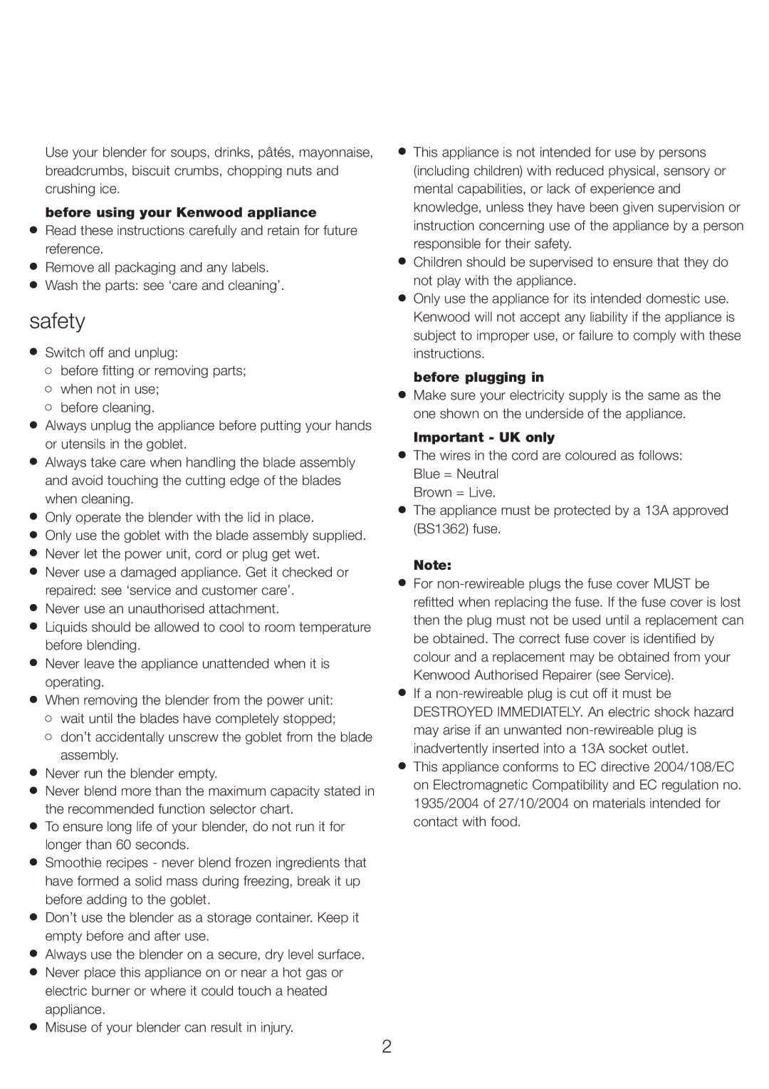 Kenwood BLX50 manual Safety, Before using your Kenwood appliance, Before plugging, Important UK only 