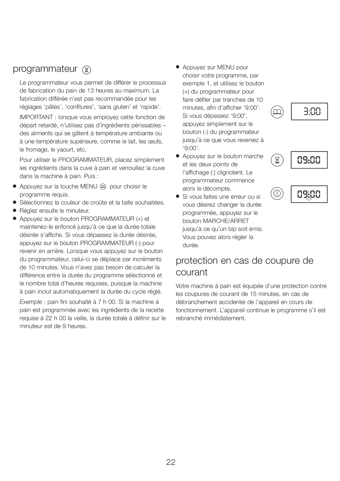 Kenwood BM210 manual Programmateur, Protection en cas de coupure de courant, Réglez ensuite le minuteur 