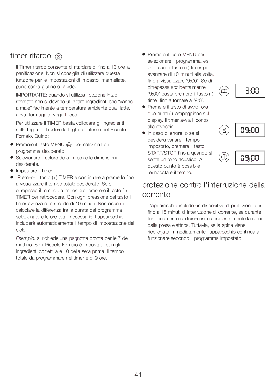 Kenwood BM210 manual Timer ritardo, Protezione contro l’interruzione della corrente 