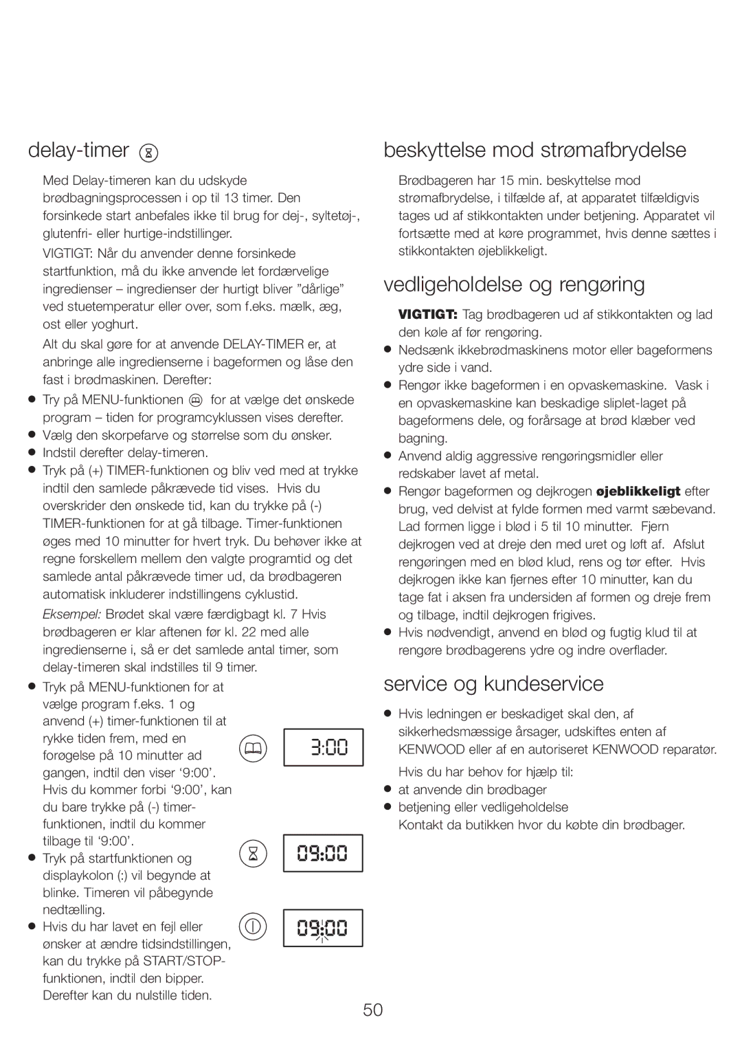 Kenwood BM210 manual Delay-timer, Beskyttelse mod strømafbrydelse, Vedligeholdelse og rengøring, Service og kundeservice 