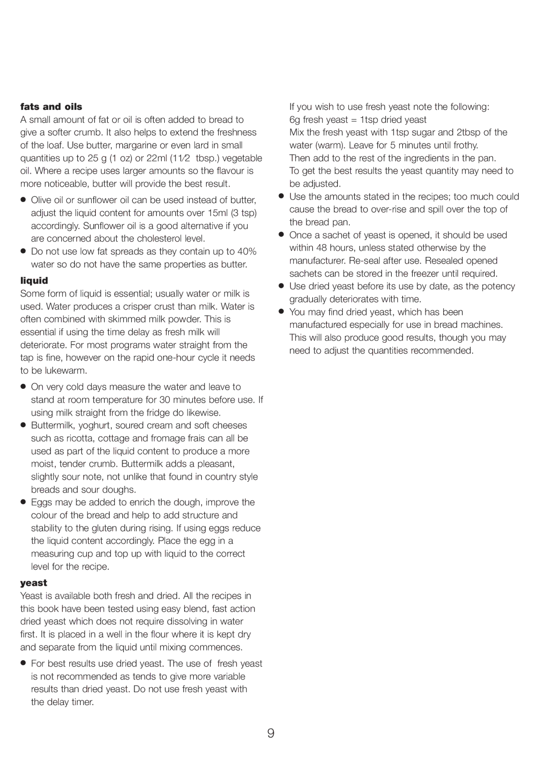 Kenwood BM 250, BM256 manual Fats and oils, Liquid, Yeast 
