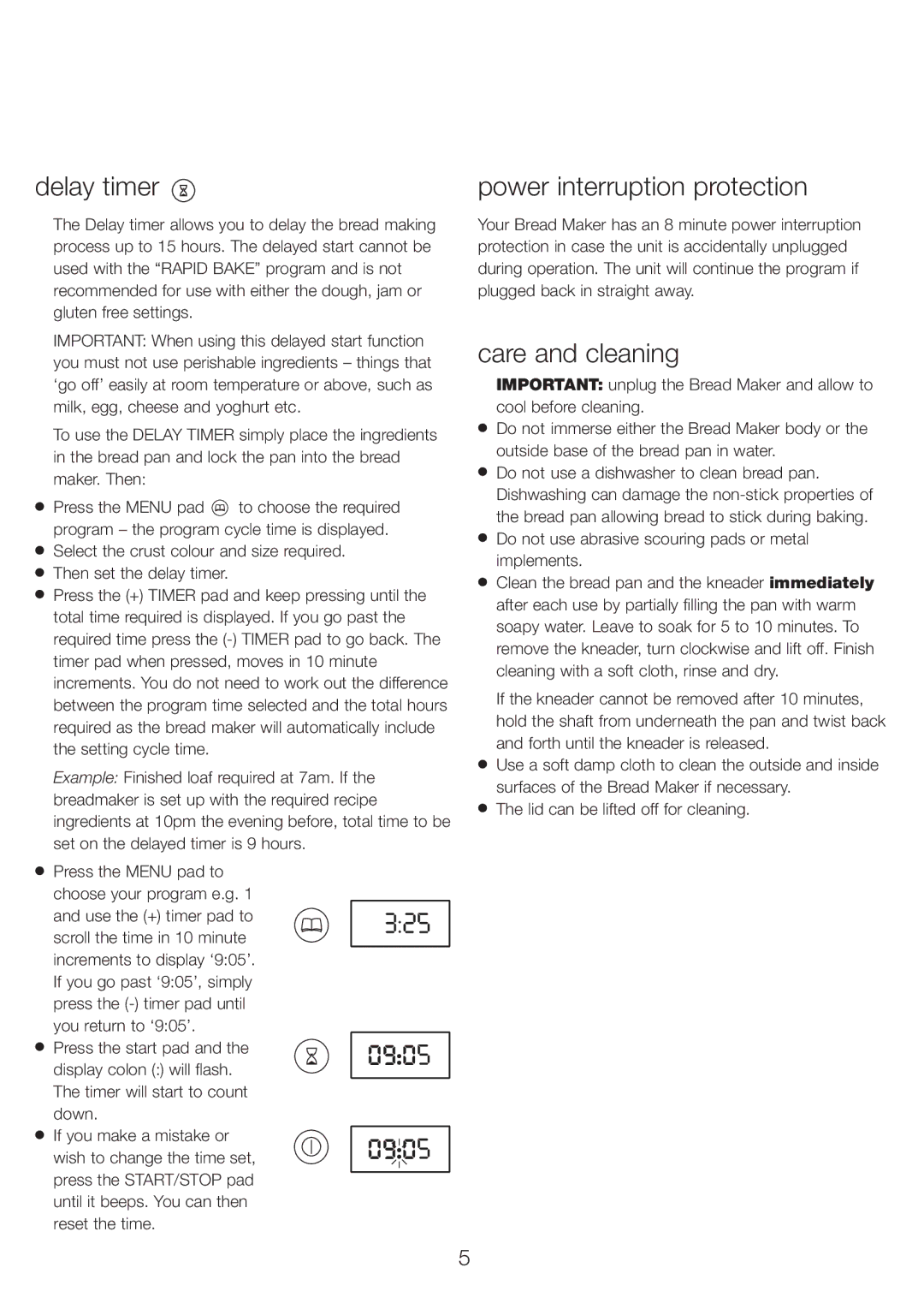 Kenwood BM 250, BM256 manual Delay timer Power interruption protection, Care and cleaning 