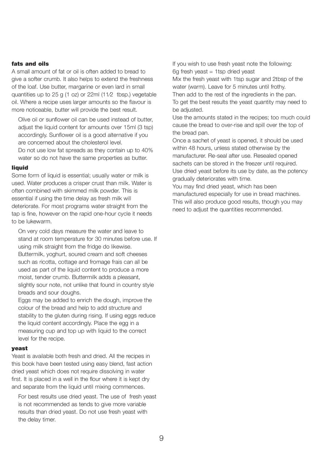 Kenwood BM250, BM256 manual Fats and oils, Liquid, Yeast 