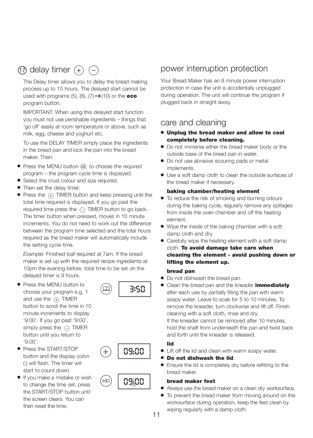 Kenwood BM260 manual Br delay timer, Power interruption protection, Care and cleaning 