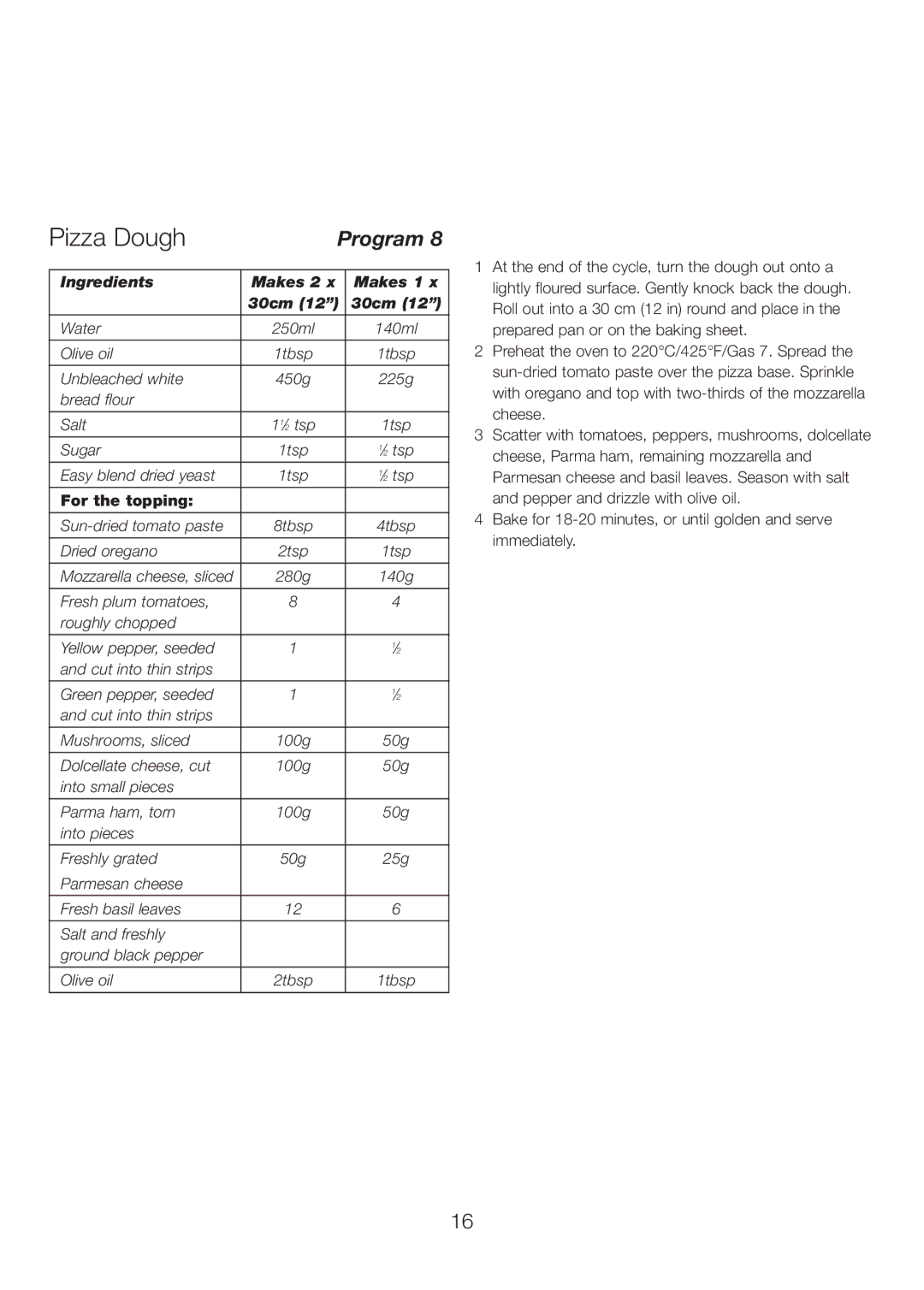 Kenwood BM260 manual Pizza Dough, Ingredients Makes 2 Makes 1 30cm 