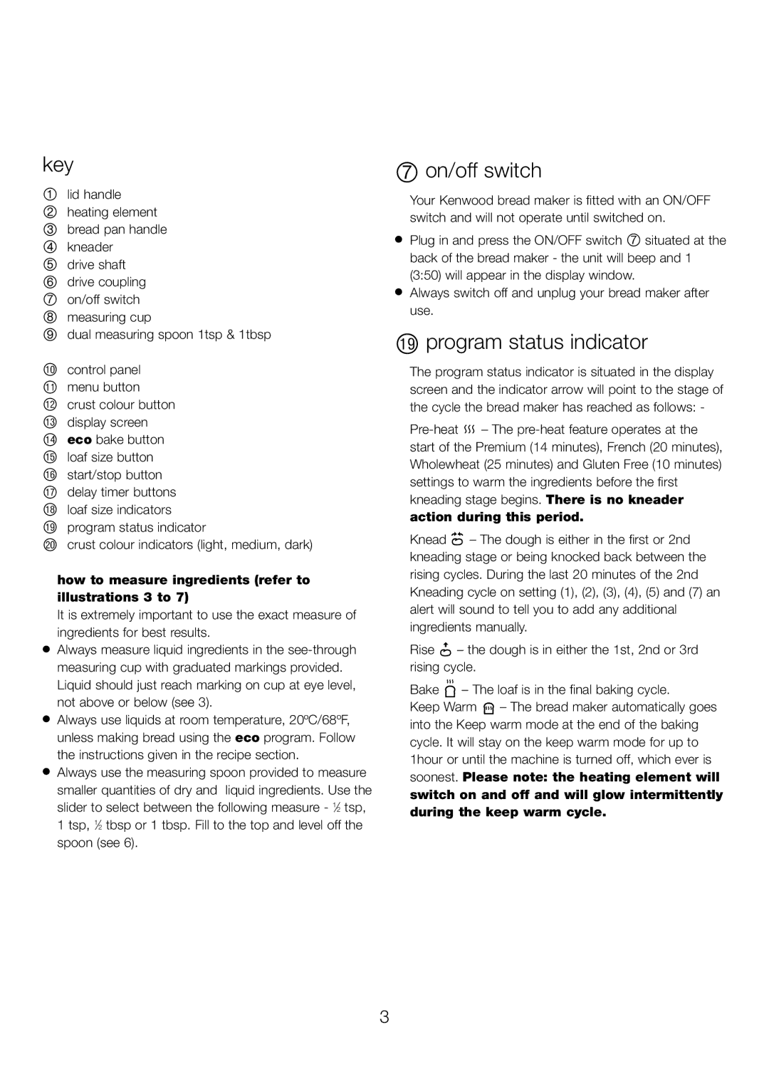 Kenwood BM260 Key, On/off switch, Bt program status indicator, How to measure ingredients refer to illustrations 3 to 